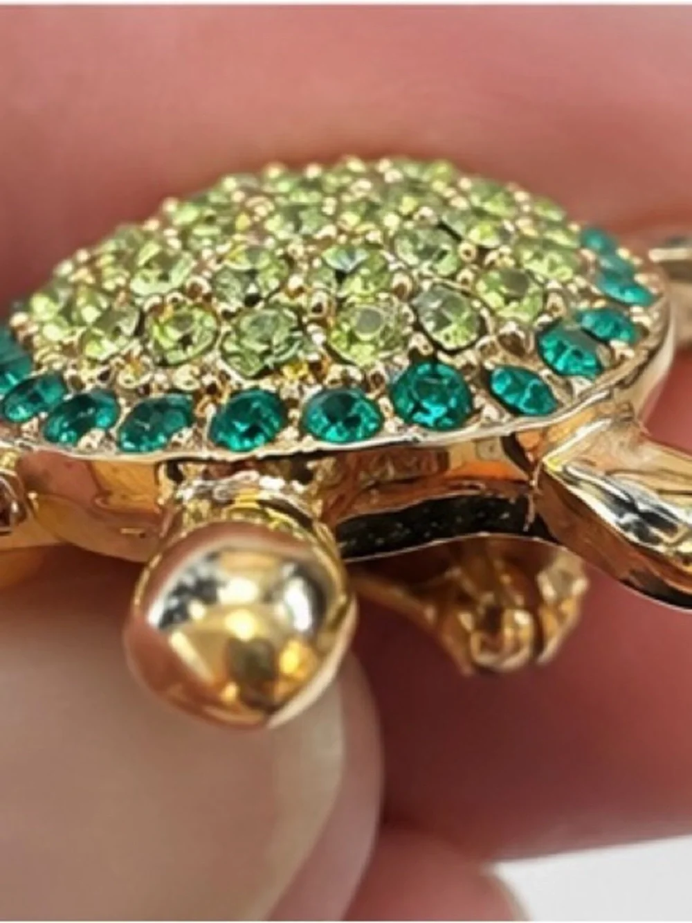 Monet Green Crystal Turtle Brooch Gold Tone Sea Turtle Pin Signed